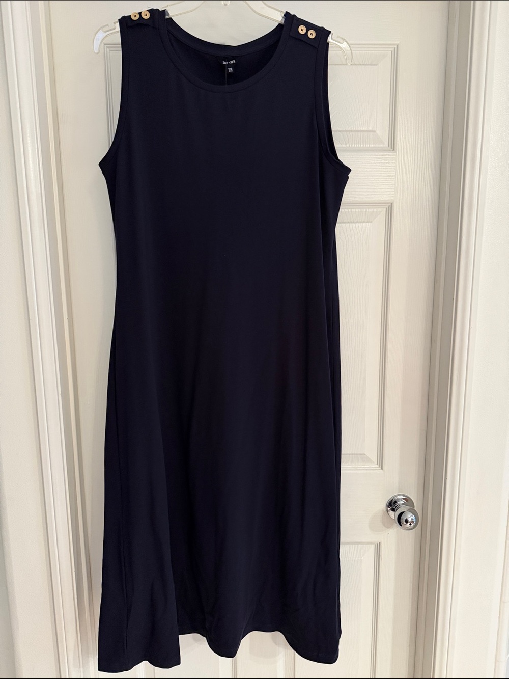 NWT Saint + Sofia Sleeveless Navy A-Line Dress with Button at Shoulders